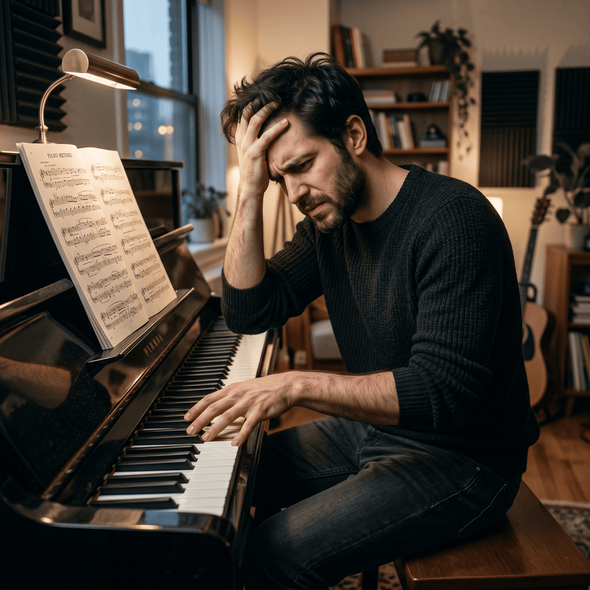Persona frustrada intentando aprender piano